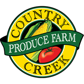 Logo of Country Creek Produce Farm featuring corn and tomato illustrations, emphasizing fresh produce and local farming.