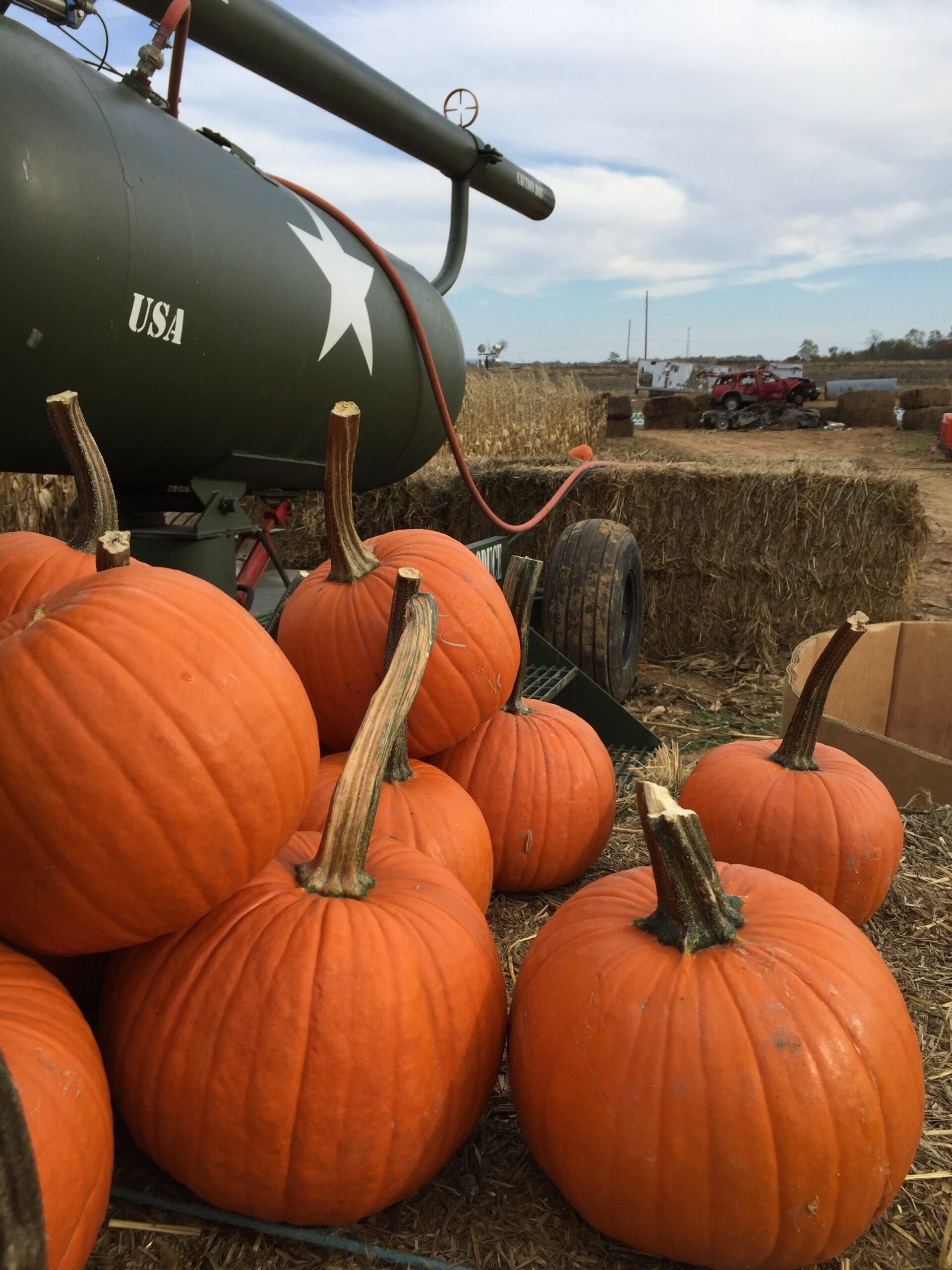 Country+creek+produce++Pa++-+8C016DF2-EDA8-4AE3-B7D1-52C4BAE33864 A collection of bright orange pumpkins with prominent stems, situated near an old military-style vehicle in a pumpkin patch. The background features hay bales and a rural landscape under a partly cloudy sky, ideal for autumn activities and fall harvest celebrations.