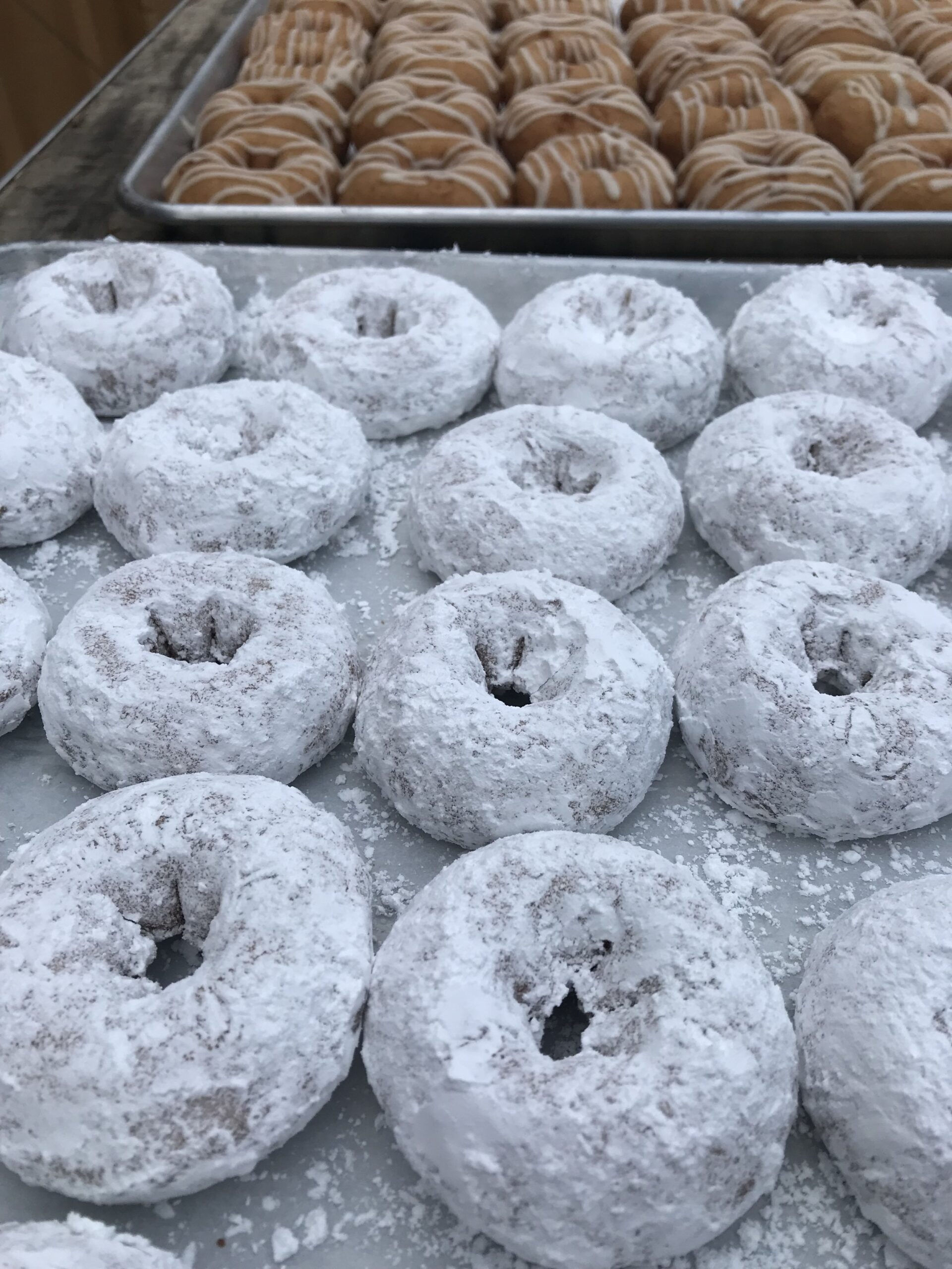 IMG_3463 Freshly made powdered sugar donuts arranged on a tray, with a background of glazed donuts. These delicious treats are perfect for breakfast or dessert, showcasing a light and fluffy texture.