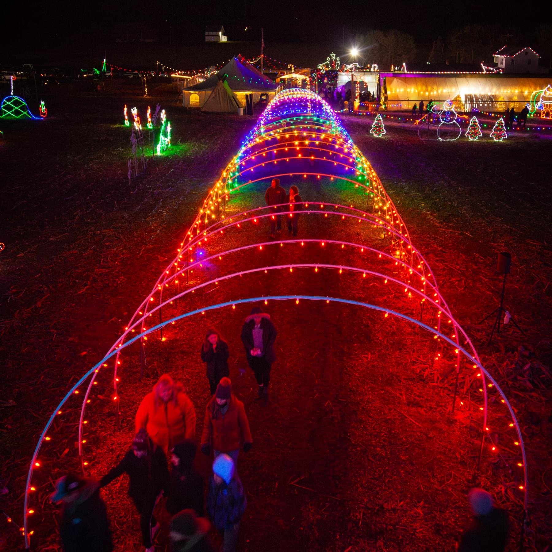 IMG_9743 Colorful light tunnel at a festive outdoor event, with visitors walking through vibrant arches illuminated by multicolored LED lights, surrounded by holiday decorations and festive displays at night.